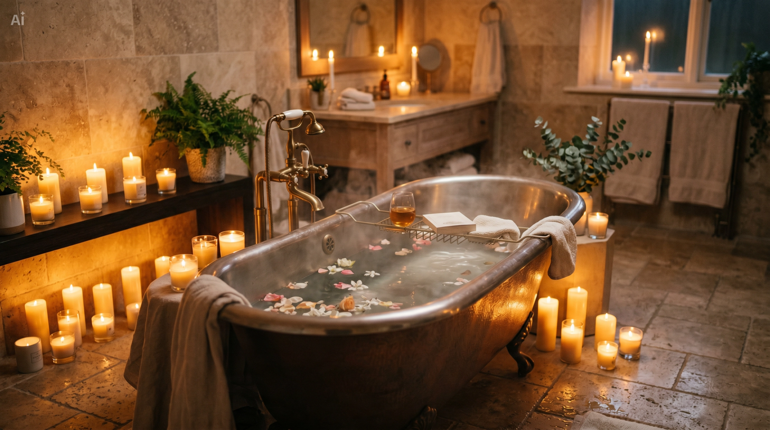 ๐ Blissful Bath, Peaceful Sleep Ritual Kit | Create Your Perfect Evening Reset 5 Relaxing bathtub with candles creating a peaceful spa experience for evening self-care