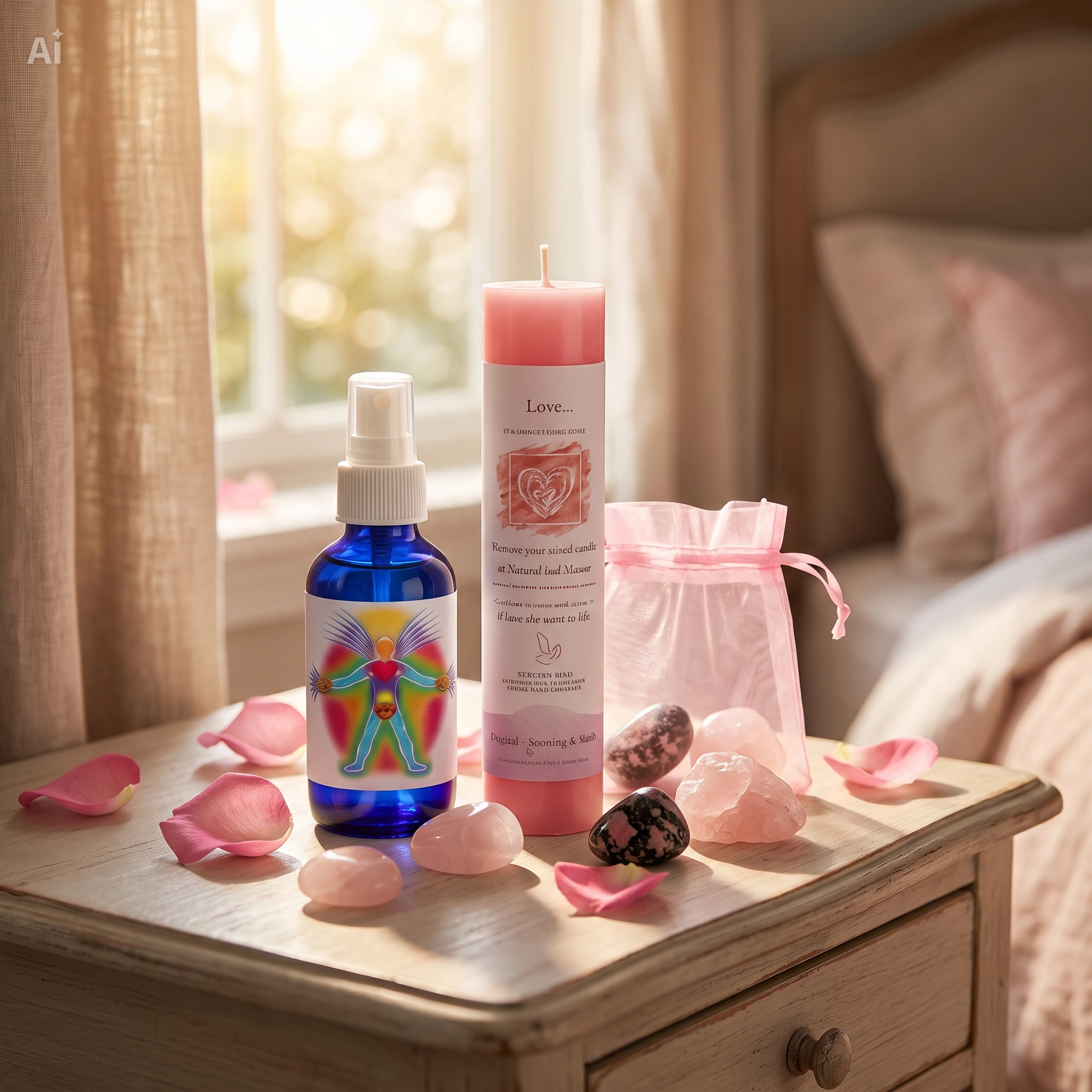 Love Triple Threat Ritual Kit – Candle, Aura Spray & Crystal Pouch 3 Peaceful moon ritual with New Moon and Full Moon candles creating a calming space for manifestation and reflection