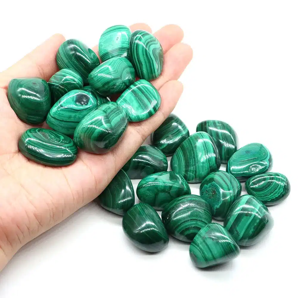 Natural Malachite Tumbled Stones Healing Crystal Reiki Gem Quartz Energy Mineral Specimen Aquarium Garden Pendant DIY Home Decor 1 A collection of smooth, glossy Malachite tumbled stones with characteristic swirls and concentric bands of light and dark green.