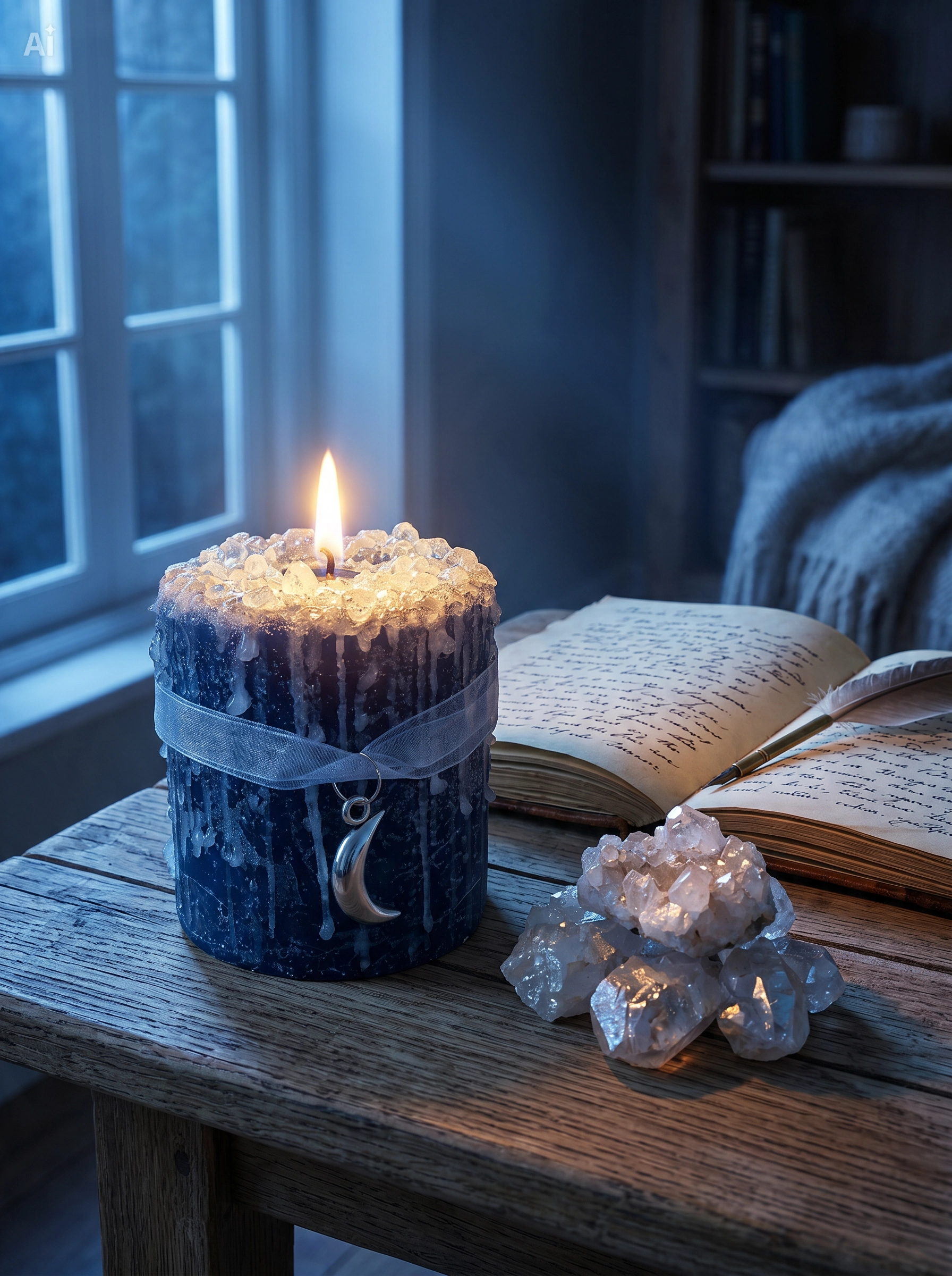 Blue Moon Candle 3 Blue Moon Candle displayed with healing crystals for a peaceful moon ritual