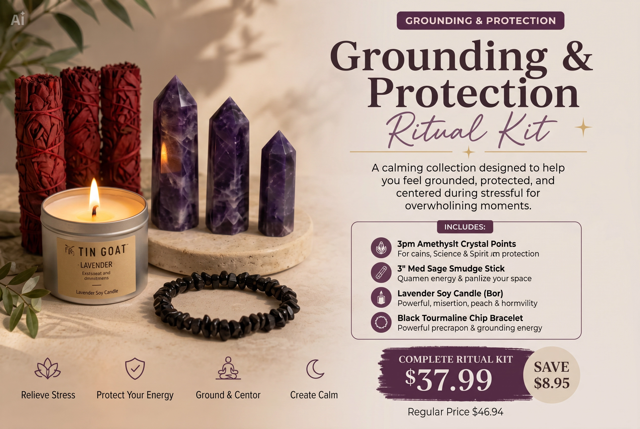 Grounding & Protection Ritual Kit – Crystal, Sage & Candle Gift Set 2 Grounding & Protection Ritual Kit with crystals, sage, and candle for calming spiritual self-care