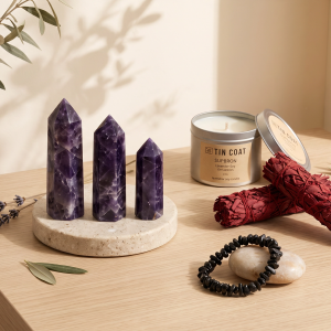 Grounding & Protection Ritual Kit with crystals, sage, and candle for calming spiritual self-care