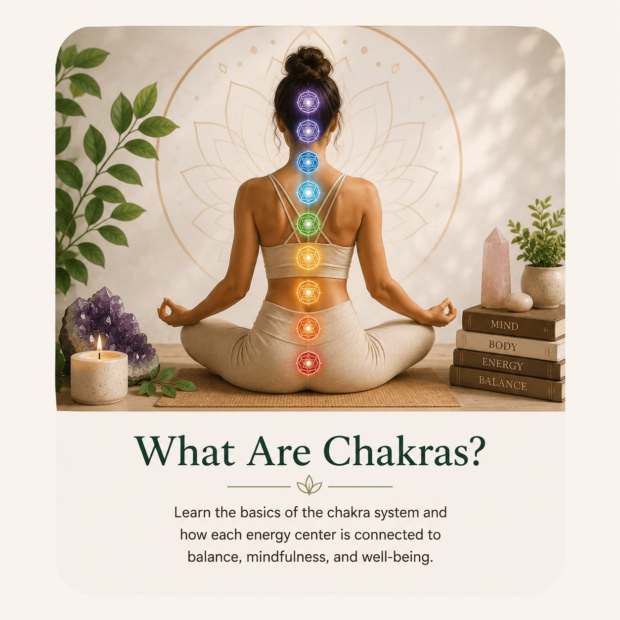 chakra image of woman meditating with a image of all seven chakras