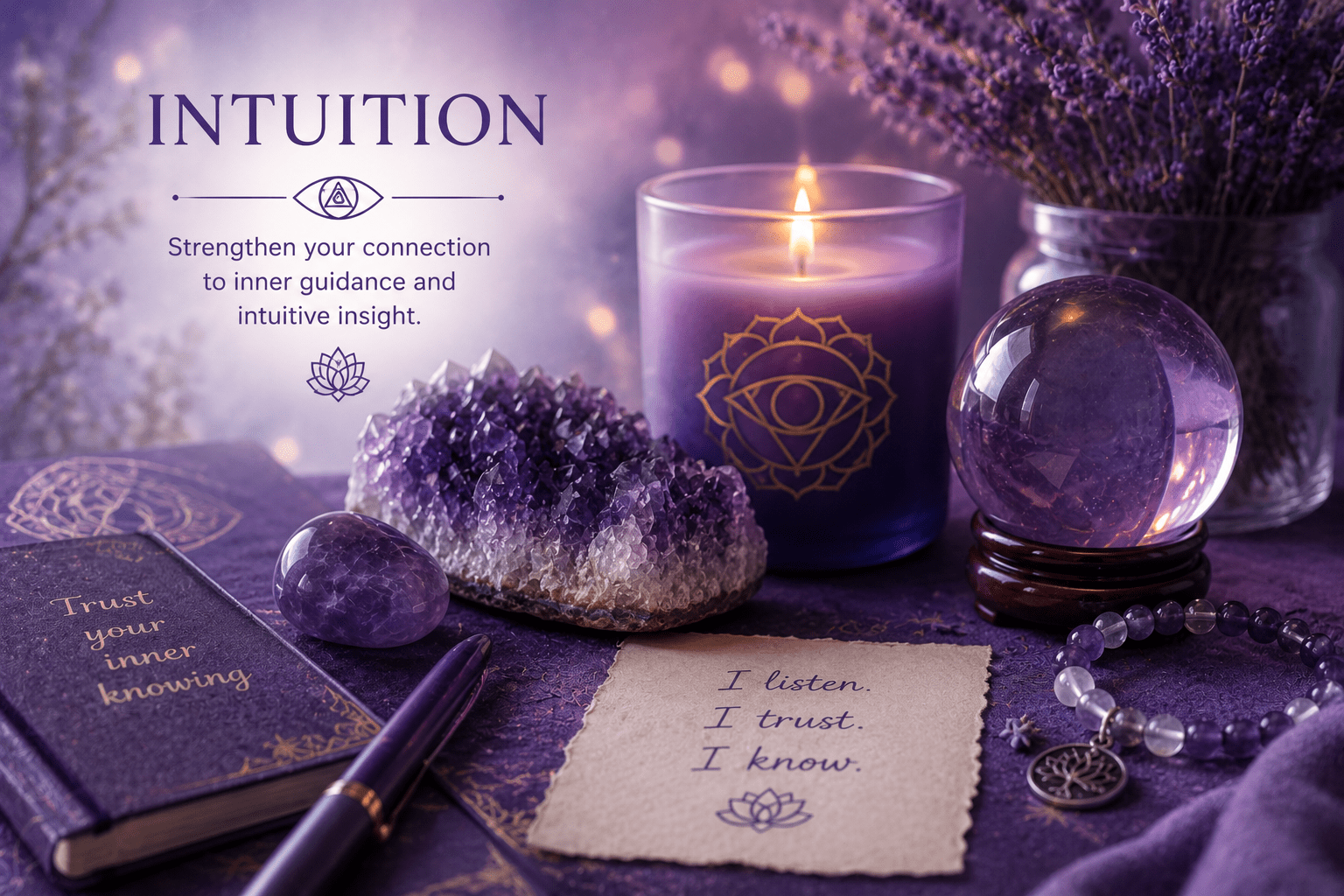 chakra color of third eye with candle and crystals