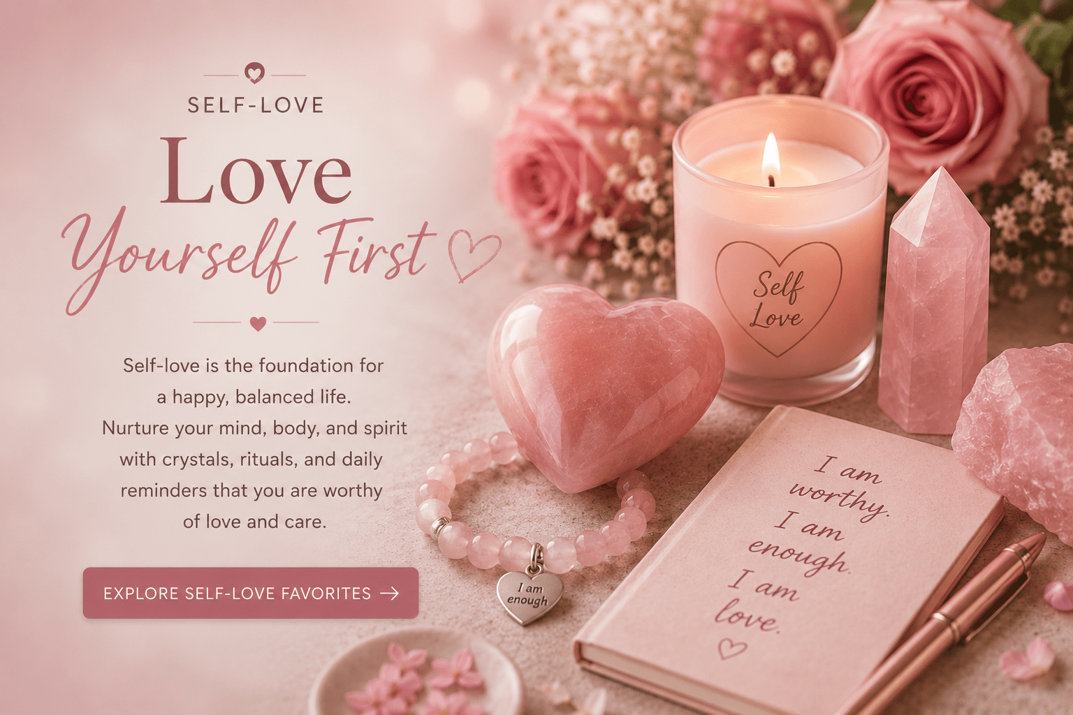 light pink candle and heart shaped rose quaartz crystal