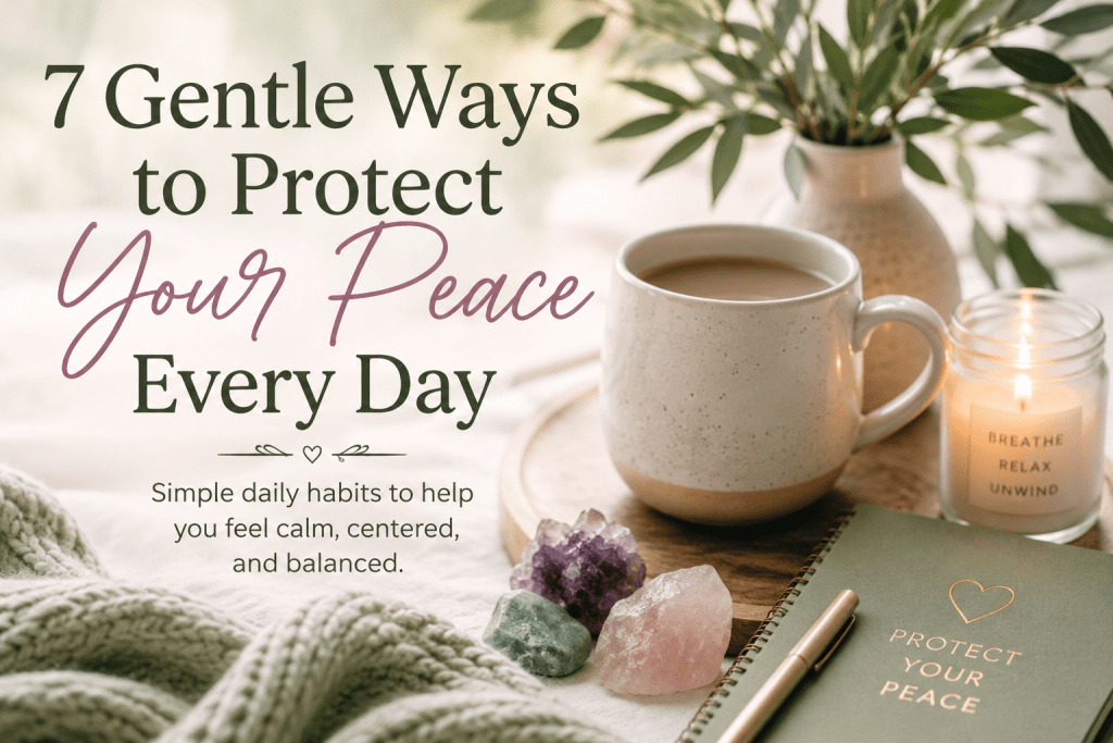 7 Gentle Ways to Protect Your Peace Every Day 12 greenery with cup of tea and stones and pink crystal for protrect your peace