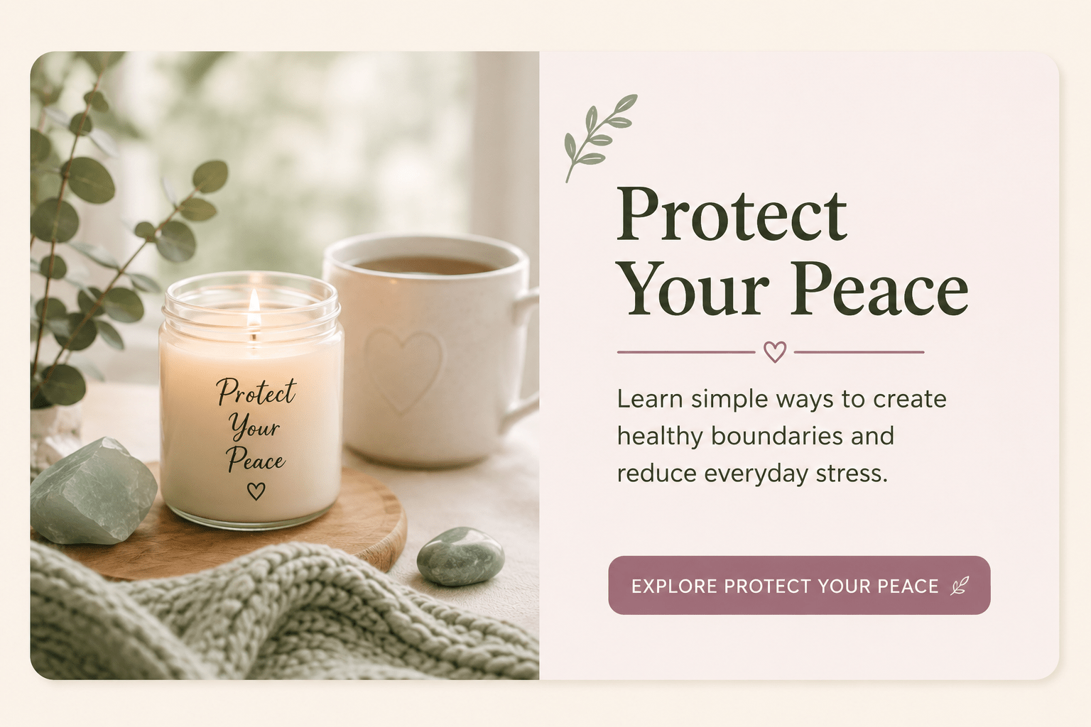 candle and white tea cup with protect your peace