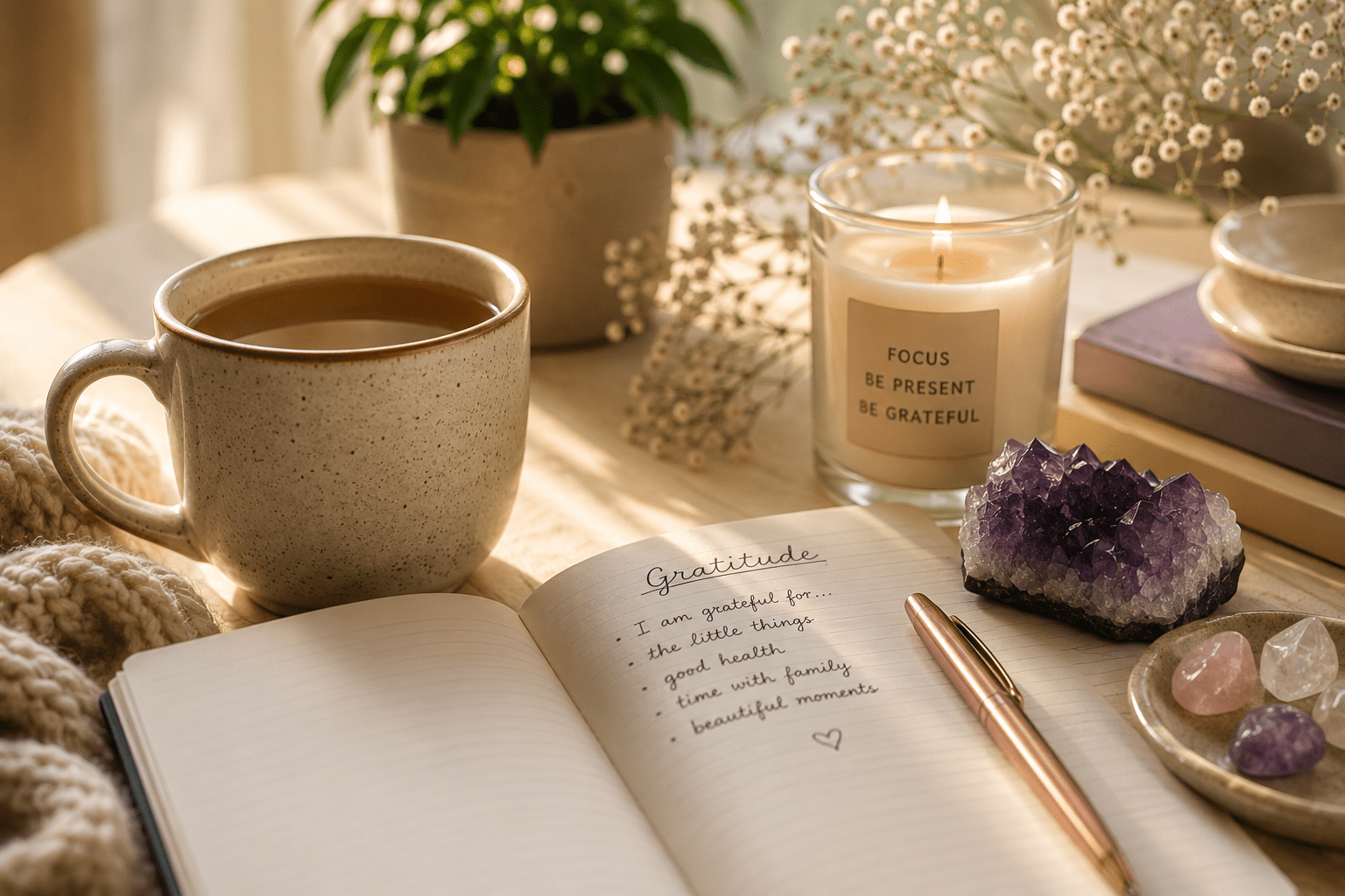 relaxing sceen of tea cup candle and green plant