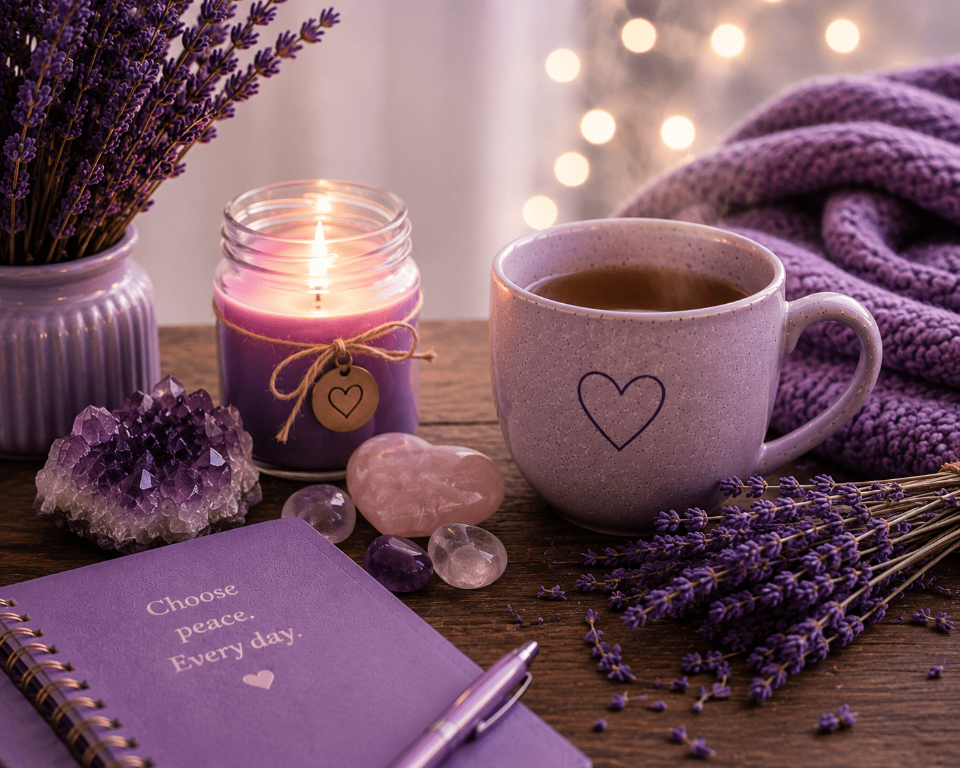 Protect Your Peace 14 calm candle and cup of tea soft background