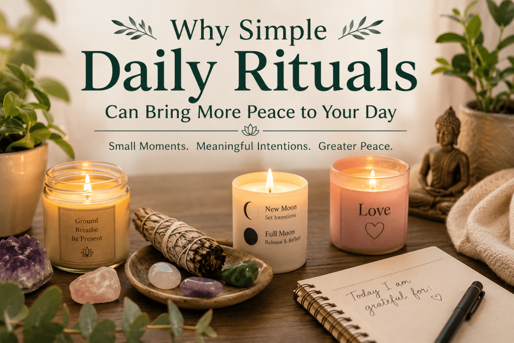 ? Why Simple Daily Rituals Can Bring More Peace to Your Day 6 Peaceful daily ritual with candles and crystals creating a calm and mindful space for relaxation