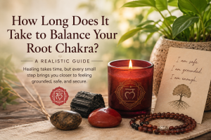 root chakra balance lite candle glowing with greenery and crystals