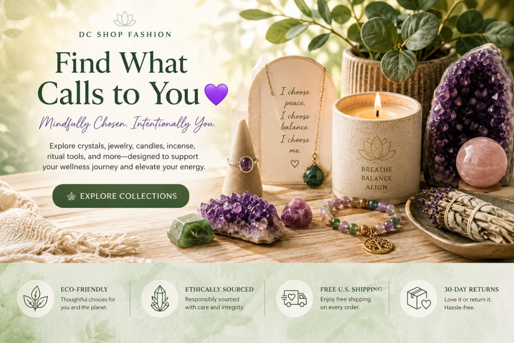 Find What Calls to You hero image featuring healing crystals, chakra jewelry, candles, incense, and spiritual wellness essentials.
