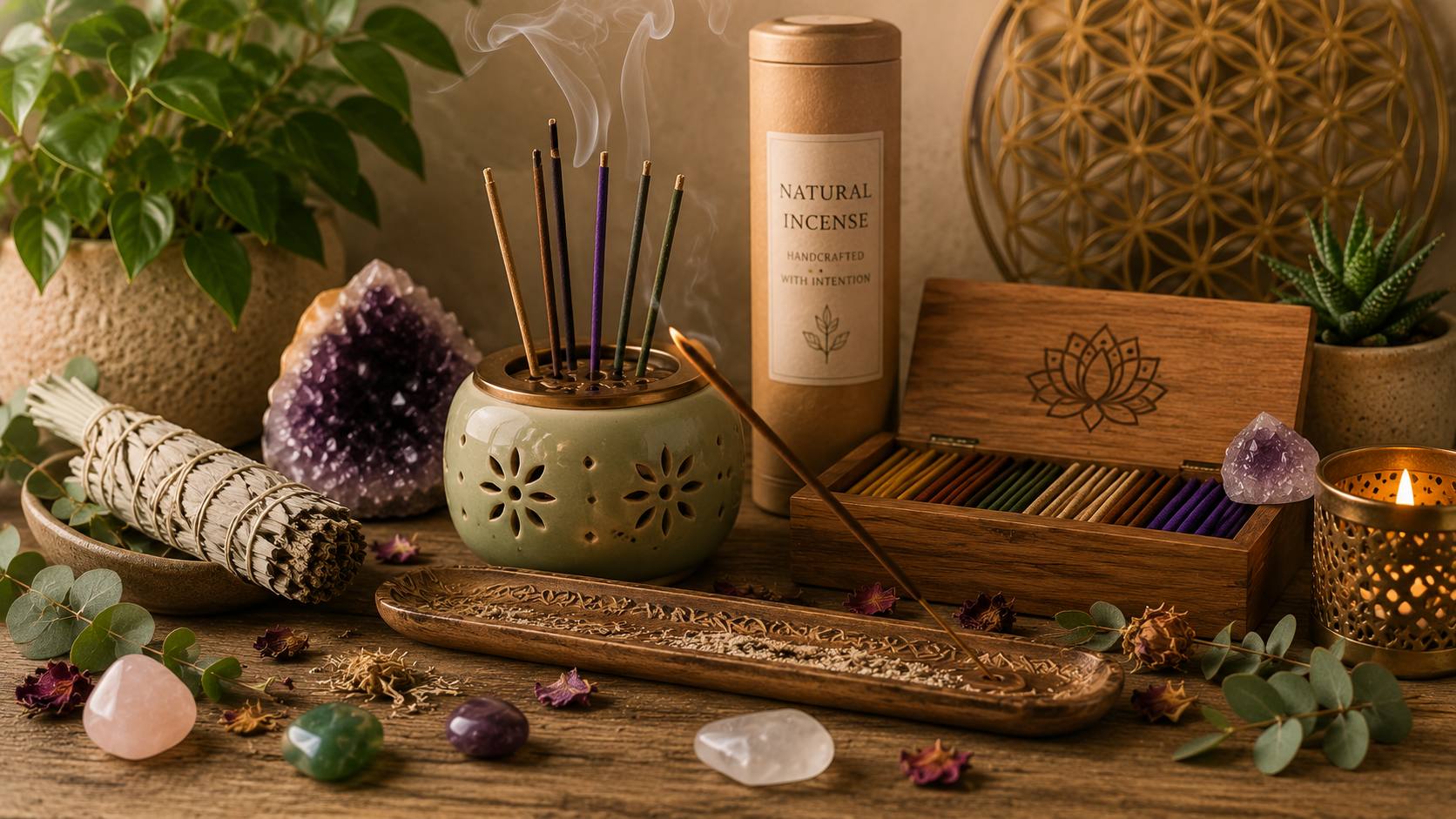 Natural incense sticks, ceramic incense holder, sage bundle, healing crystals, and botanical décor arranged on a rustic wooden table for meditation and spiritual wellness.