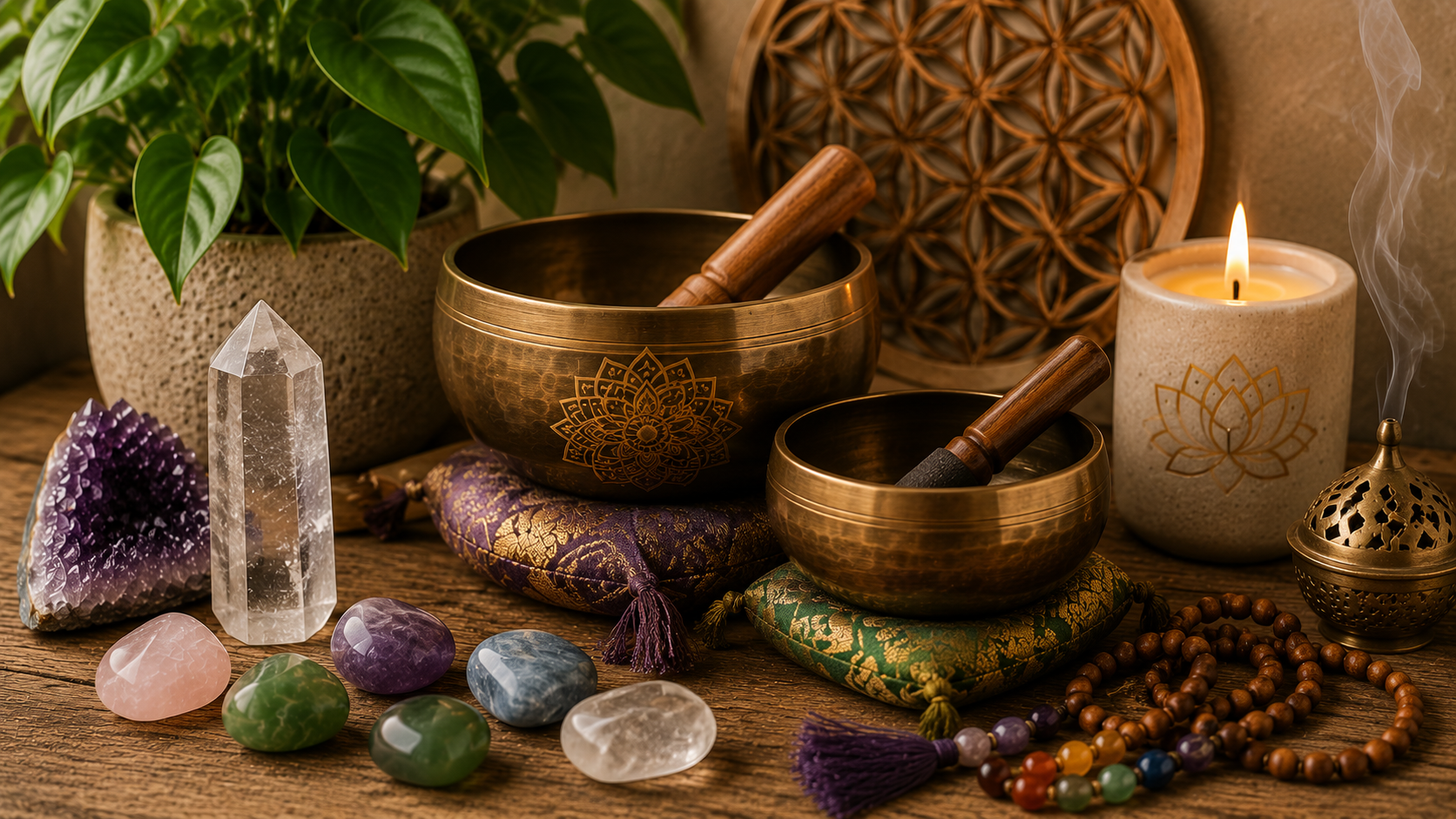 Brass singing bowls, healing crystals, meditation cushion, mala beads, intention candle, and spiritual wellness décor arranged on a rustic wooden table.