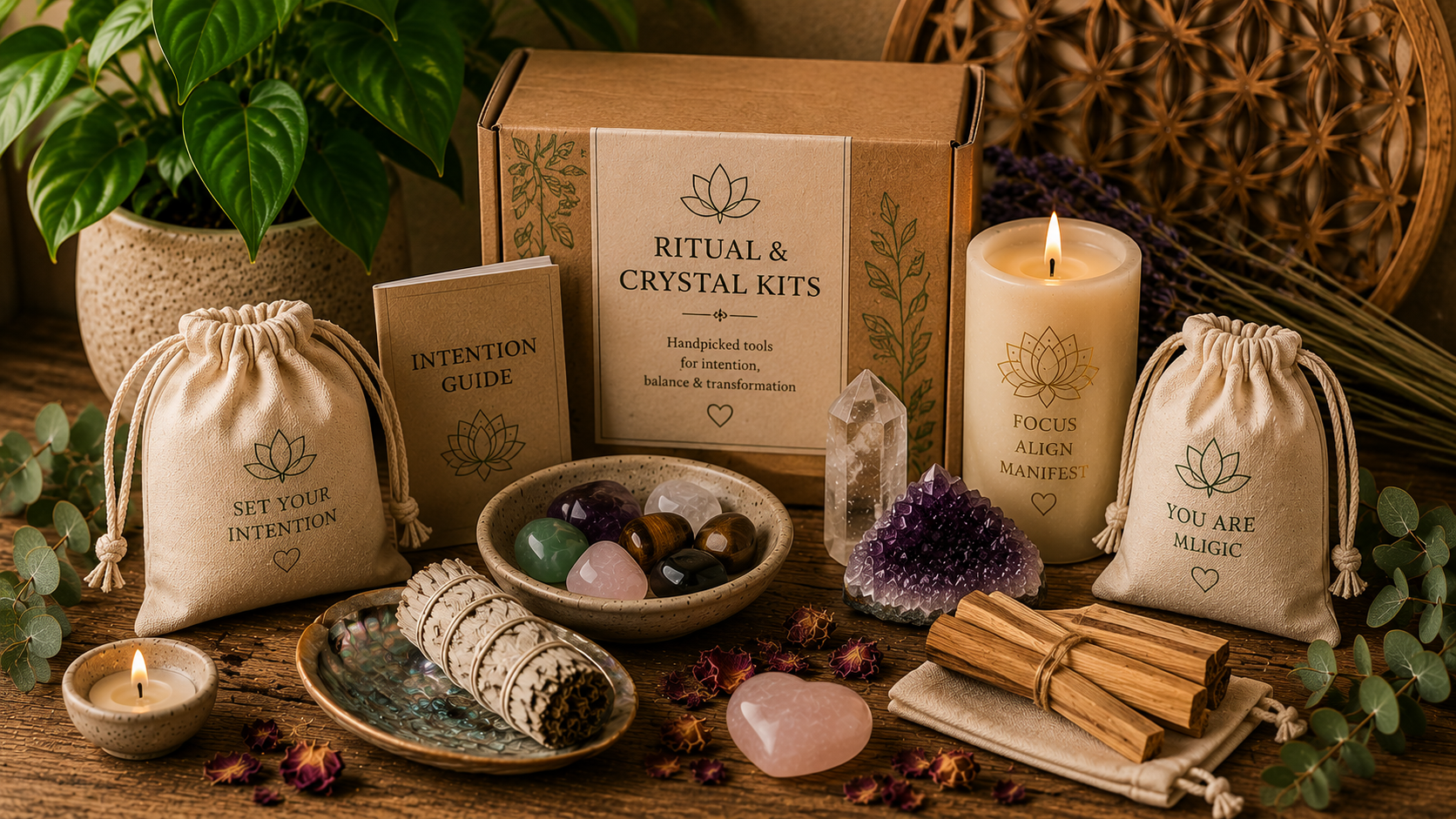 Ritual and crystal kit with healing crystals, sage bundles, palo santo, intention candle, and spiritual wellness tools arranged on a rustic wooden table.