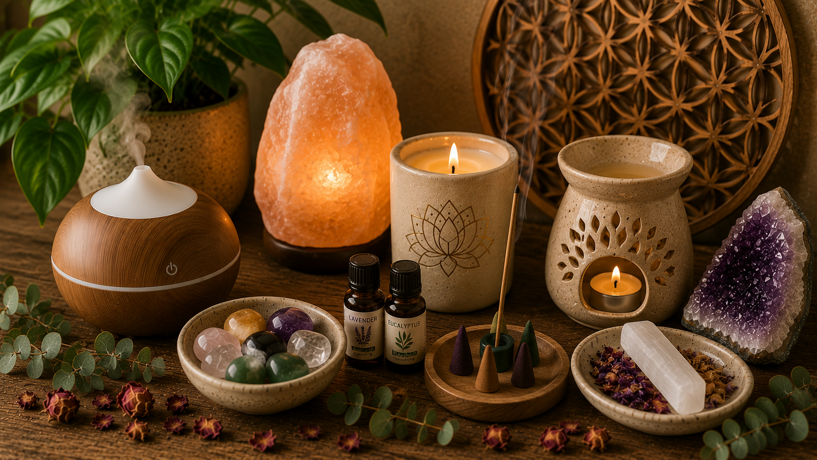 Essential oil diffuser, Himalayan salt lamp, aromatherapy oils, crystals, candles, incense, and wellness décor arranged on a rustic wooden table.