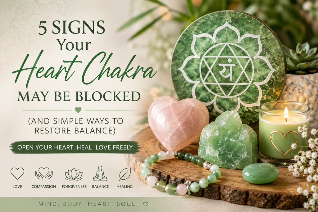 A peaceful Heart Chakra meditation with green crystals, candles, and natural elements symbolizing love, compassion, and emotional healing.