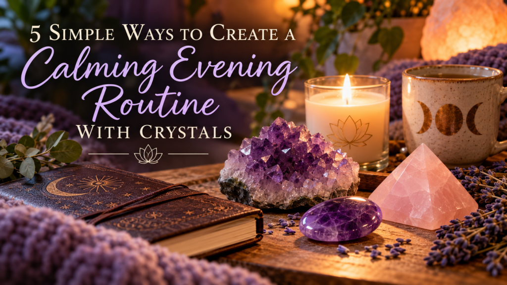 5 Simple Ways to Create a Calming Evening Routine with Crystals 2 Amethyst crystals, rose quartz, candlelight, and a journal arranged for a calming evening routine