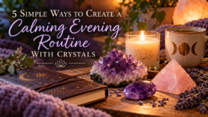 DC Shop Fashion-Chakra 30 Amethyst crystals, rose quartz, candlelight, and a journal arranged for a calming evening routine