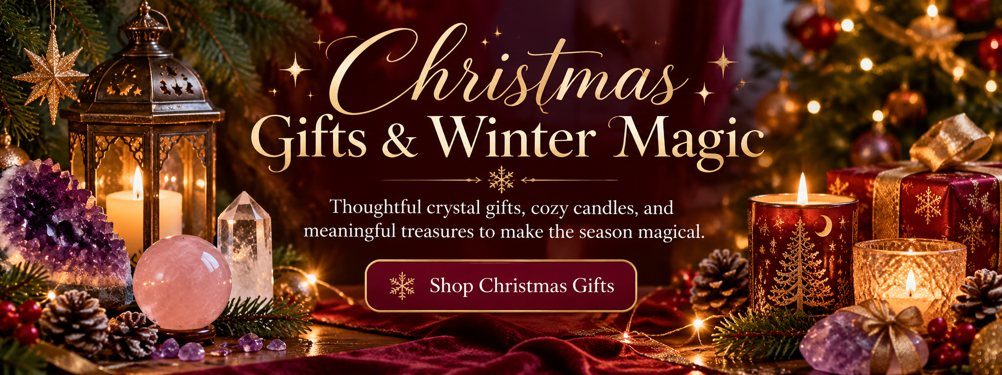 Christmas crystal gifts and winter magic featuring amethyst, rose quartz, glowing candles, wrapped presents, and festive evergreen decorations.