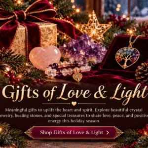 Christmas crystal gifts featuring rose quartz, amethyst, gemstone jewelry, and festive burgundy and gold decorations.