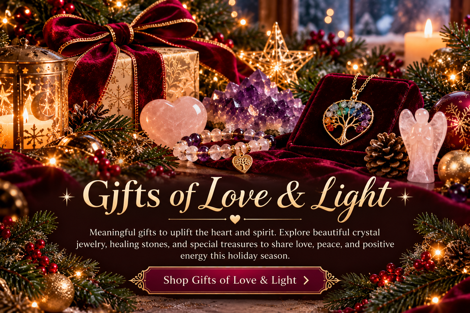Christmas Gifts & Winter Magic 2 Christmas crystal gifts featuring rose quartz, amethyst, gemstone jewelry, and festive burgundy and gold decorations.