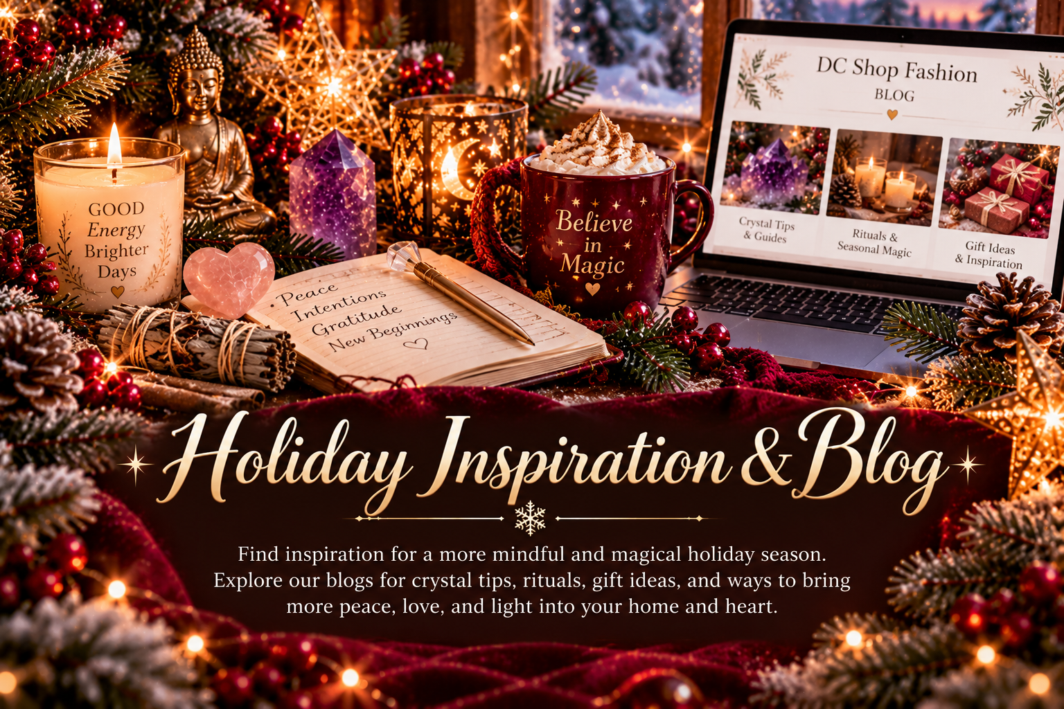 Christmas Gifts & Winter Magic 7 Festive Christmas scene featuring a spiritual wellness blog, amethyst crystals, glowing candles, gratitude journal, holiday greenery, and a cozy mug.