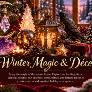 Magical Christmas décor featuring a crescent moon sun catcher, amethyst crystals, glowing lantern, celestial ornaments, evergreen branches, and festive decorations.