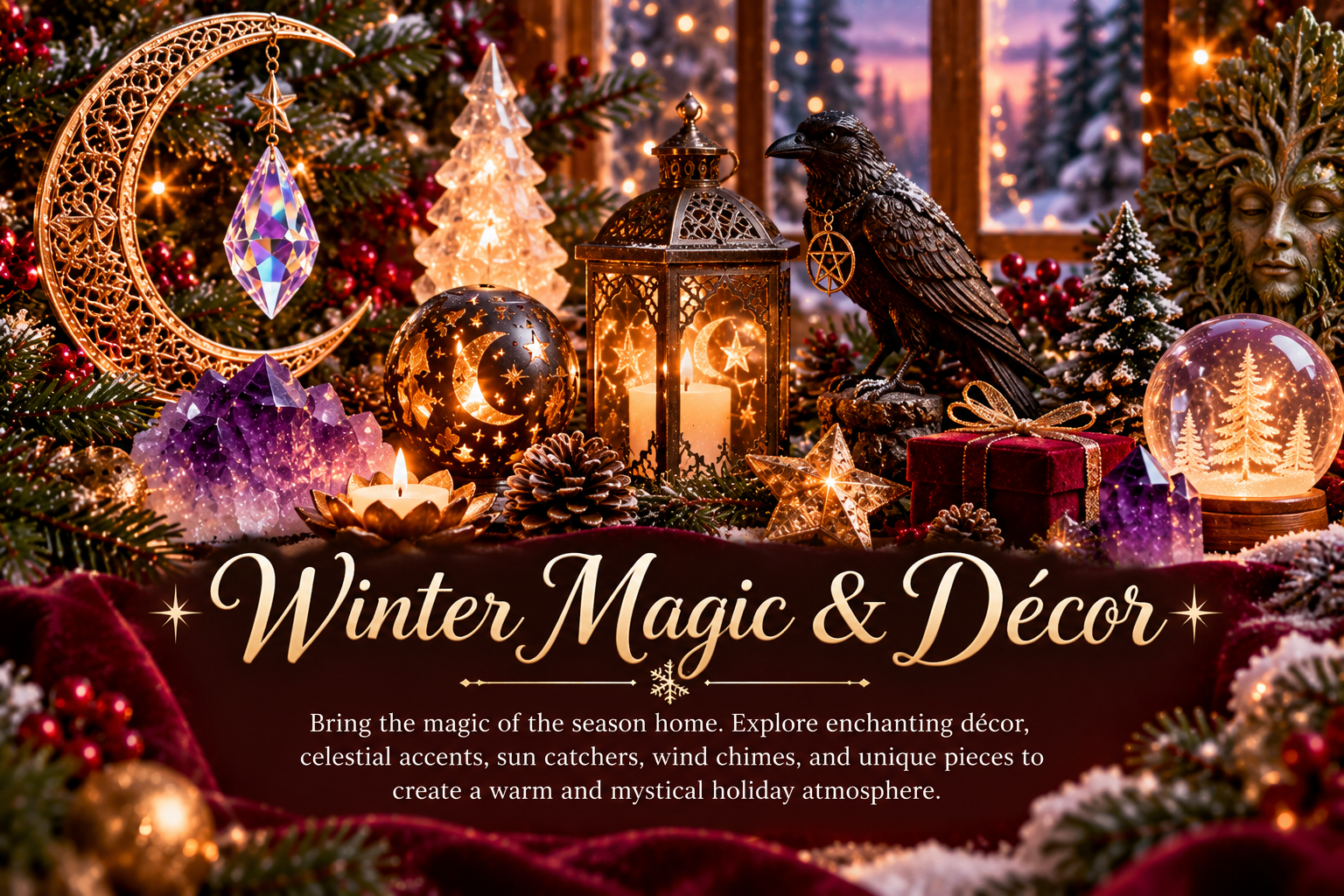 Christmas Gifts & Winter Magic 5 Magical Christmas décor featuring a crescent moon sun catcher, amethyst crystals, glowing lantern, celestial ornaments, evergreen branches, and festive decorations.
