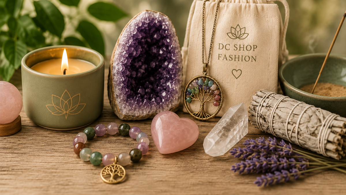 Healing crystals, chakra jewelry, candle, incense, sage bundle, and spiritual wellness essentials arranged on a wooden table.