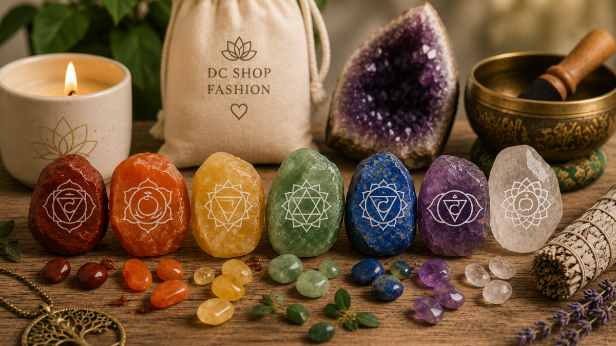 Seven chakra healing crystals with candles, amethyst, incense, and meditation tools arranged on a wooden table for chakra wellness.