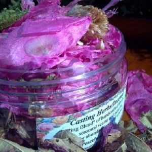 Spring Casting Herbs – Seasonal Ritual Blend with Rose Quartz, herbal blend with dried flowers and herbs in a glass jar.