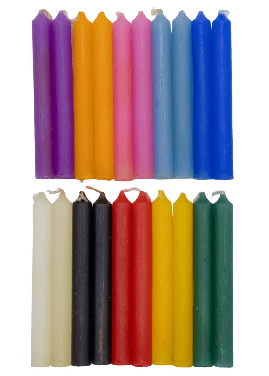 Spell Chime Candles – 20 Pack (Mini Ritual Candles) 2 Spell Chime Candles – 20 Pack (Mini Ritual Candles), set of colorful and mini-sized ritual candles in various colors including purple, orange, pink, blue, white, black, red, yellow, and green.
