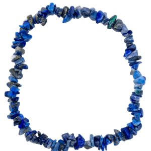 Third Eye Chakra 24 Lapis Lazuli Chip Stretch Bracelet, a beaded bracelet made of deep blue lapis lazuli chips strung on an elastic band for a comfortable fit.