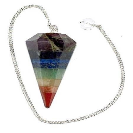 Chakra Pendulum, geode pendant with rainbow-colored chakra stones and silver chain.