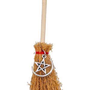 Root Chakra 26 Sweep Away Negativity Witch's Broom, a small decorative broom with a natural straw bristle and a detailed handle with a spooky design.