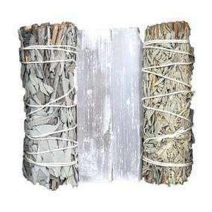 Calm & Cleanse Ritual Kit, bundle of three sage smudging sticks with a large sage bundle in the center, used for cleansing negative energy.
