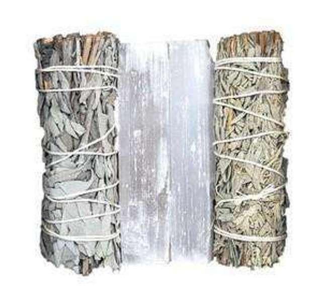 Calm & Cleanse Ritual Kit (Cleansing Negative Energy) 1 Calm & Cleanse Ritual Kit, bundle of three sage smudging sticks with a large sage bundle in the center, used for cleansing negative energy.