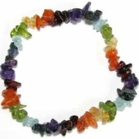 Chakra Chip Bracelet, colorful gemstone chip bracelet arranged in a circle with multicolored chakra stones.