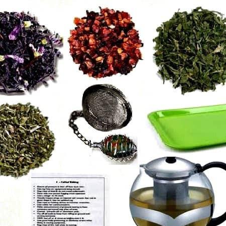 ea Basket Sampler – Complete Ritual Tea Gift Set 1 ea Basket Sampler – Complete Ritual Tea Gift Set, tea leaves, tea infuser, green tray, and instructions for tea preparation.
