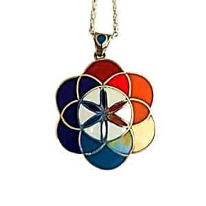 Crown Chakra 20 Flower of Life Pendant, Sterling Silver Sacred Geometry Jewelry with multi-colored enamel flower design.