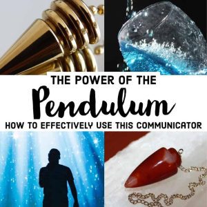 Power of the Pendulum Ebook, book cover featuring a gold pendulum, a glass of water, a silhouette of a person with light beams, and a pendulum necklace.
