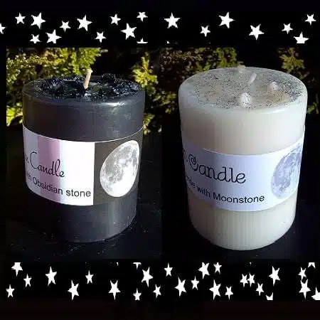 Full Moon Ritual Kit, image of a moon-shaped candle and ritual tools on a wooden surface.
