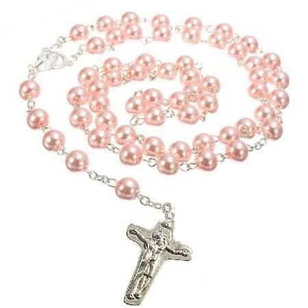 Crown Chakra 23 Medjugorje Pink Pearl Rosary – Blessed Pilgrimage Rosary, pink pearl beads with a silver crucifix and chain.