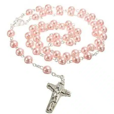 Medjugorje Pink Pearl Rosary – Blessed Pilgrimage Rosary, pink pearl beads with a silver crucifix and chain.