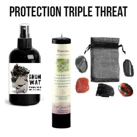 Root Chakra 15 Protection Triple Threat, image of spray bottle, protection spray, carrying pouch, and various protective accessories.
