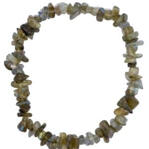 Third Eye Chakra 23 Labradorite Chip Stretch Bracelet, an elastic bracelet made of irregular labradorite gemstone chips with a lustrous, iridescent surface.