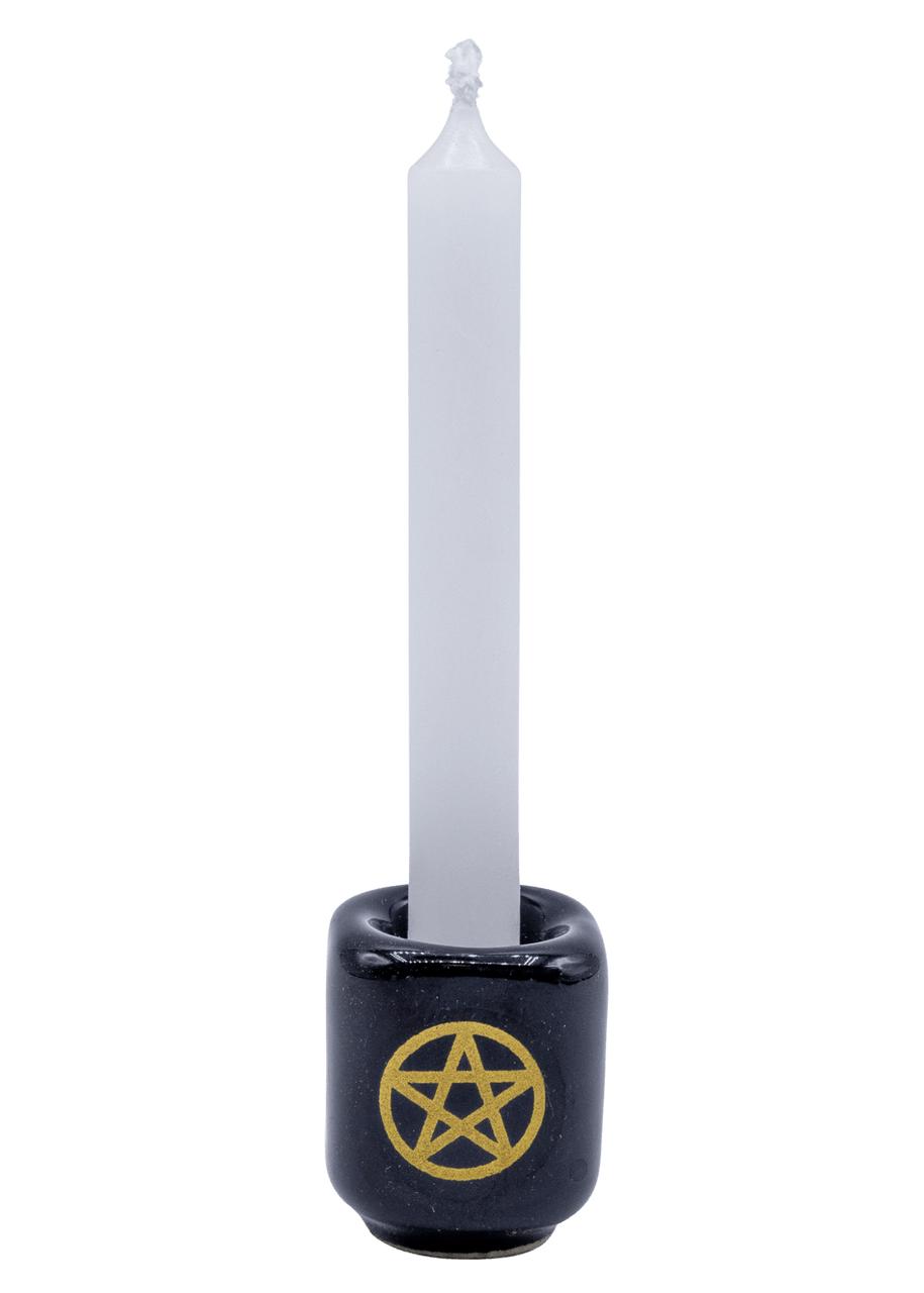 Black Pentagram Ceramic Chime Candle Holder – Altar Candle Dish, featuring a black ceramic base with a gold pentagram symbol and a white candle.