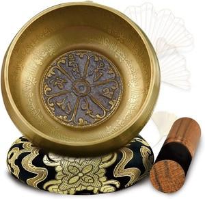 Crown Chakra 28 Nepal Singing Bowl, intricately designed traditional brass singing bowl with a wooden striker and cushion for sound resonance.