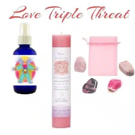 Love Triple Threat Ritual Kit – Candle, Aura Spray & Crystal Pouch 1 Love Triple Threat – Candle, Aura Spray & Crystal Pouch, set including a colorful aura spray, pink candle, pink crystal pouch, and decorative crystals.